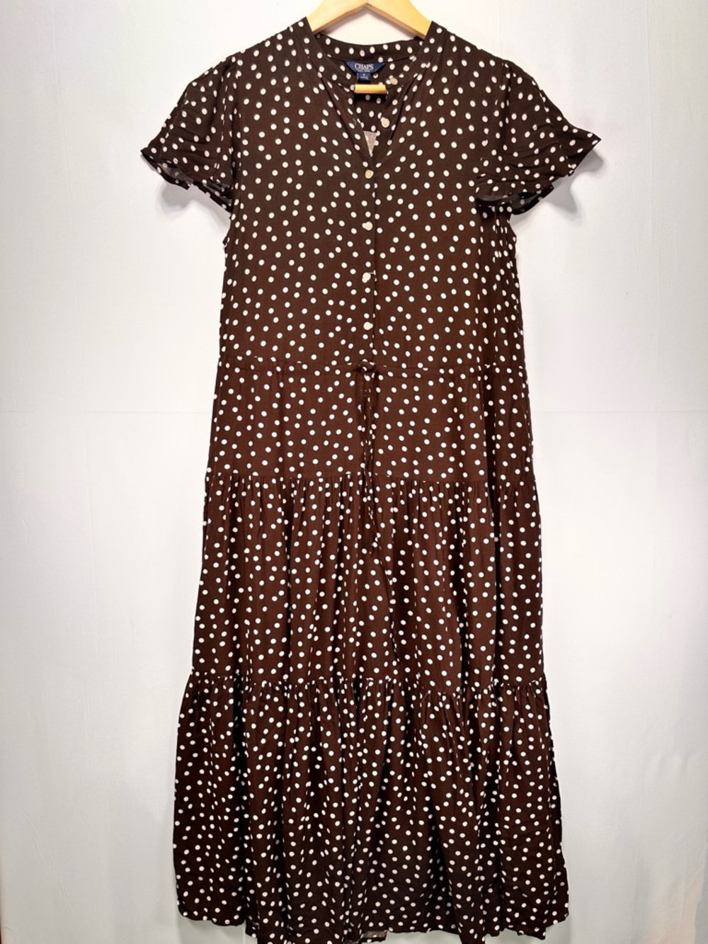 Chaps Polka Dot Tiered Maxi Dress Viscose Brown Boho Size M